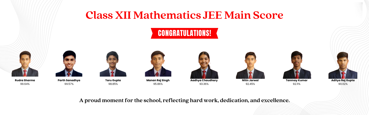 Celebratory banner for Class XII Mathematics JEE Main Score with eight students in suits and scores beneath each photo.
