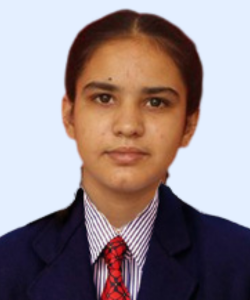 Portrait of a young woman in formal attire (navy blazer, striped shirt, red tie) facing the camera against a light blue background.