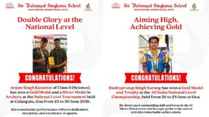 Poster titled 'Double Glory at the National Level' showing a student receiving medals and a trophy, with the school logo and a 'CONGRATULATIONS!' banner (informational).