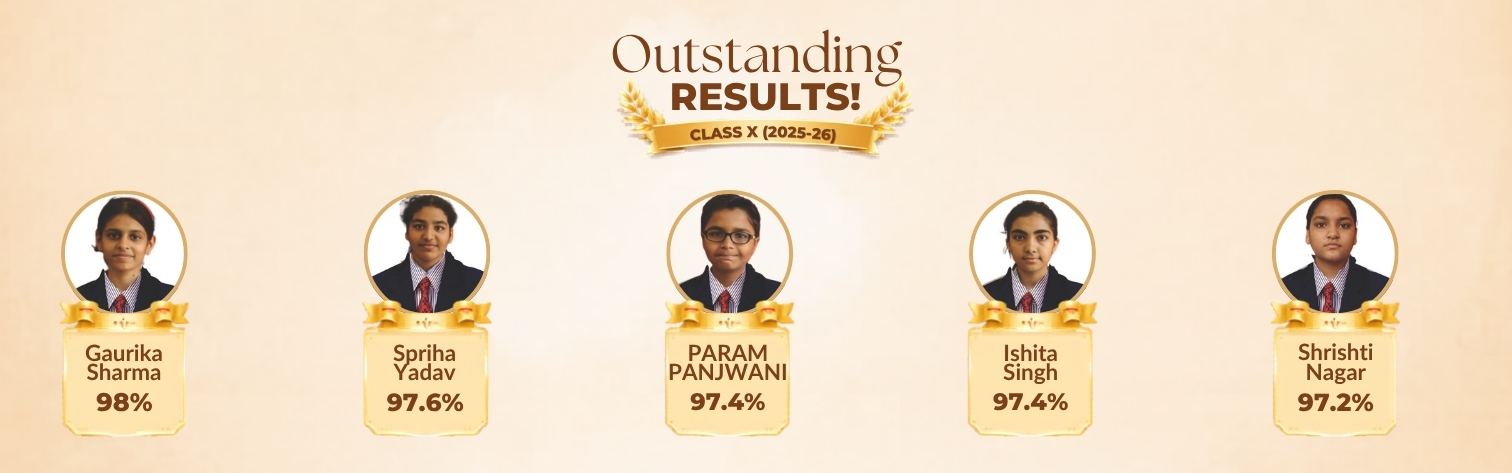 Five students with gold badge ribbons and top scores on an 'Outstanding Results' banner (scores range 98% to 97.2%).